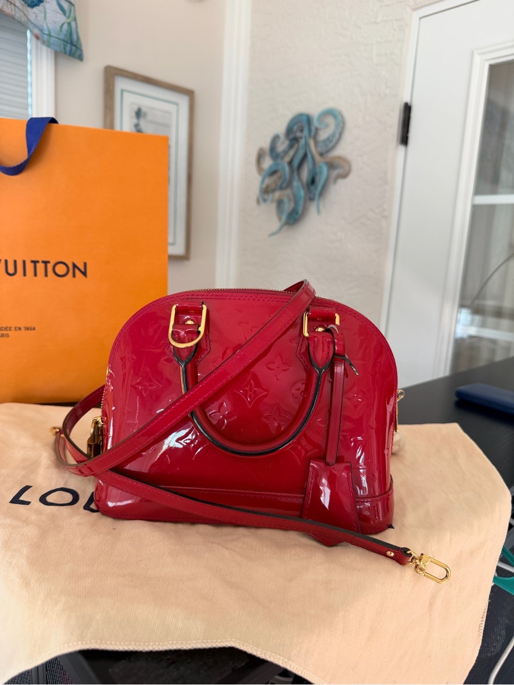 Louis Vuitton Patent Vernis Red Alma BB Satchel pink crossbody bag